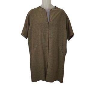 Shamask Linen Shift Dress Pockets Lined Minimalist Artisan Olive Women's 14